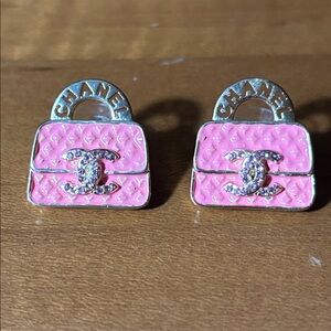 Authentic CHANEL Pink Quilted Bag Earrings